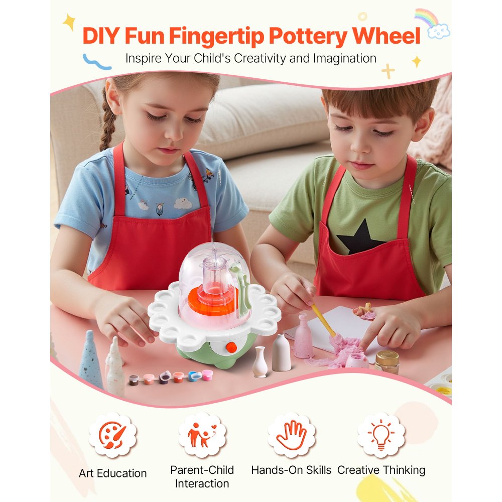 VEVOR Mini Pottery Wheel, 2 in and 3 in Turntables, Adjustable Speed, Electric Clay Wheel for Kids and Beginners, Complete Pottery Set with Clay Sculpting Tools, Gift for Boys and Girls, Green