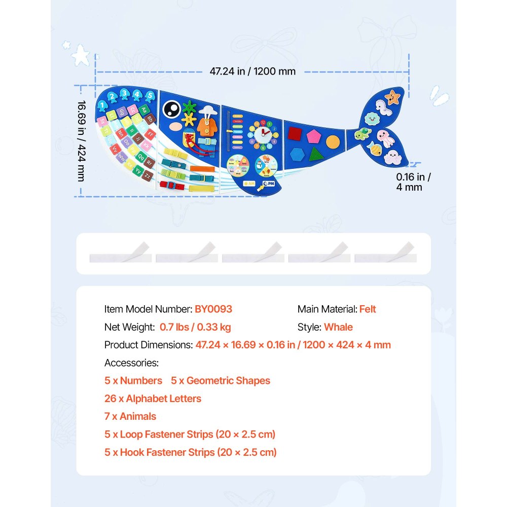 VEVOR Felt Wall Busy Board 12-in-1 Whale Foldable Montessori Activity Toys, Travel Daycare, Classroom, Playroom, Home, Educational Sensory Panel, with Numbers Letters Animals Shapes Learning Pieces