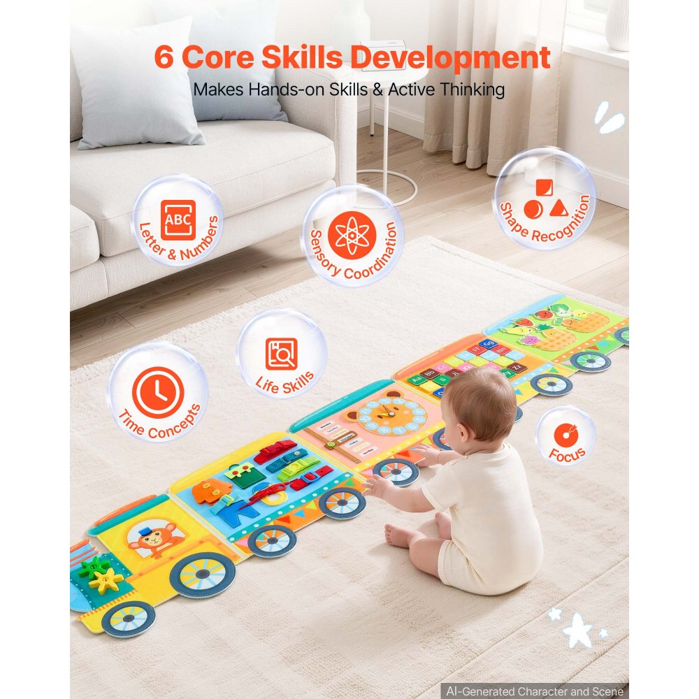 VEVOR Felt Wall Busy Board, 14-in-1 Train Foldable Montessori Activity Toys, Travel Daycare, Classroom, Playroom, Home, Educational Sensory Panel, with Letters Fruits Vegetables Clock Learning Pieces