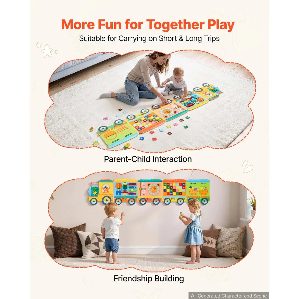 VEVOR Felt Wall Busy Board, 14-in-1 Train Foldable Montessori Activity Toys, Travel Daycare, Classroom, Playroom, Home, Educational Sensory Panel, with Letters Fruits Vegetables Clock Learning Pieces