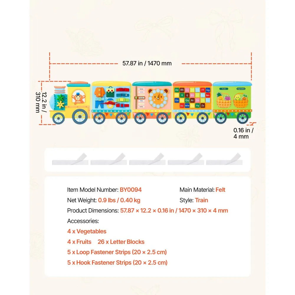 VEVOR Felt Wall Busy Board, 14-in-1 Train Foldable Montessori Activity Toys, Travel Daycare, Classroom, Playroom, Home, Educational Sensory Panel, with Letters Fruits Vegetables Clock Learning Pieces