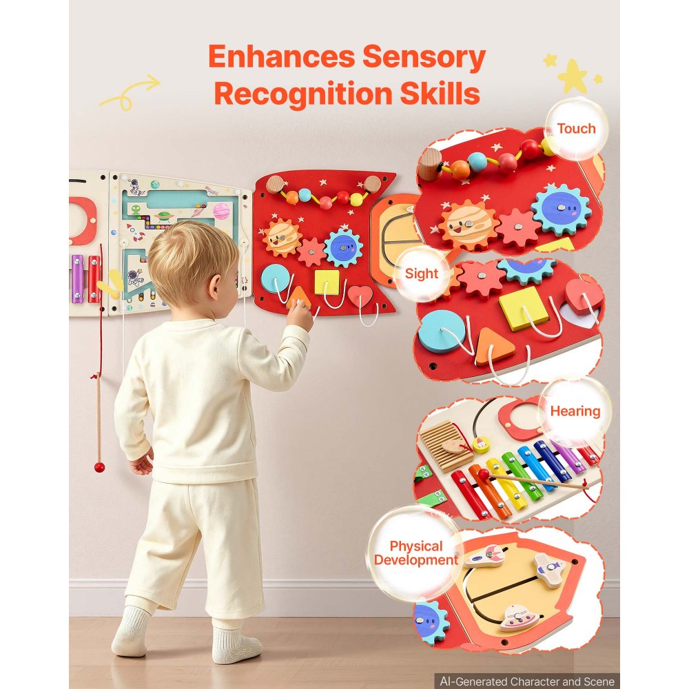 VEVOR Wall Busy Board, 13-in-1 Rocket Montessori Sensory Activity Panels, Learning Activity Center for Daycare, Classroom, Playroom, and Home, Sturdy Wooden Educational Toys, with Mounting Hardware