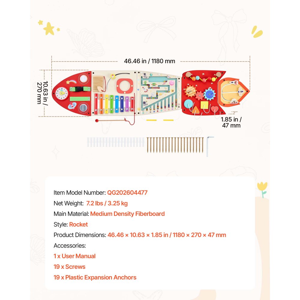 VEVOR Wall Busy Board, 13-in-1 Rocket Montessori Sensory Activity Panels, Learning Activity Center for Daycare, Classroom, Playroom, and Home, Sturdy Wooden Educational Toys, with Mounting Hardware