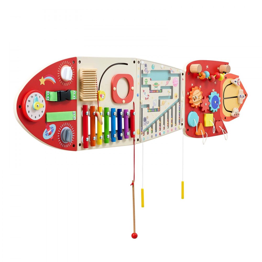 VEVOR Wall Busy Board, 13-in-1 Rocket Montessori Sensory Activity Panels, Learning Activity Center for Daycare, Classroom, Playroom, and Home, Sturdy Wooden Educational Toys, with Mounting Hardware