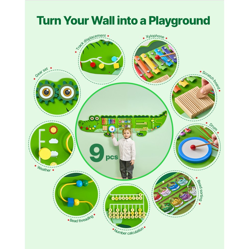 VEVOR Crocodile Activity Wall Busy Board, 9 Activities, Montessori Sensory Wall Panels Toy for Kids Ages 3-12, Interactive Learning Activity Center, Great for Toddler, Playroom, Nursery, Classroom