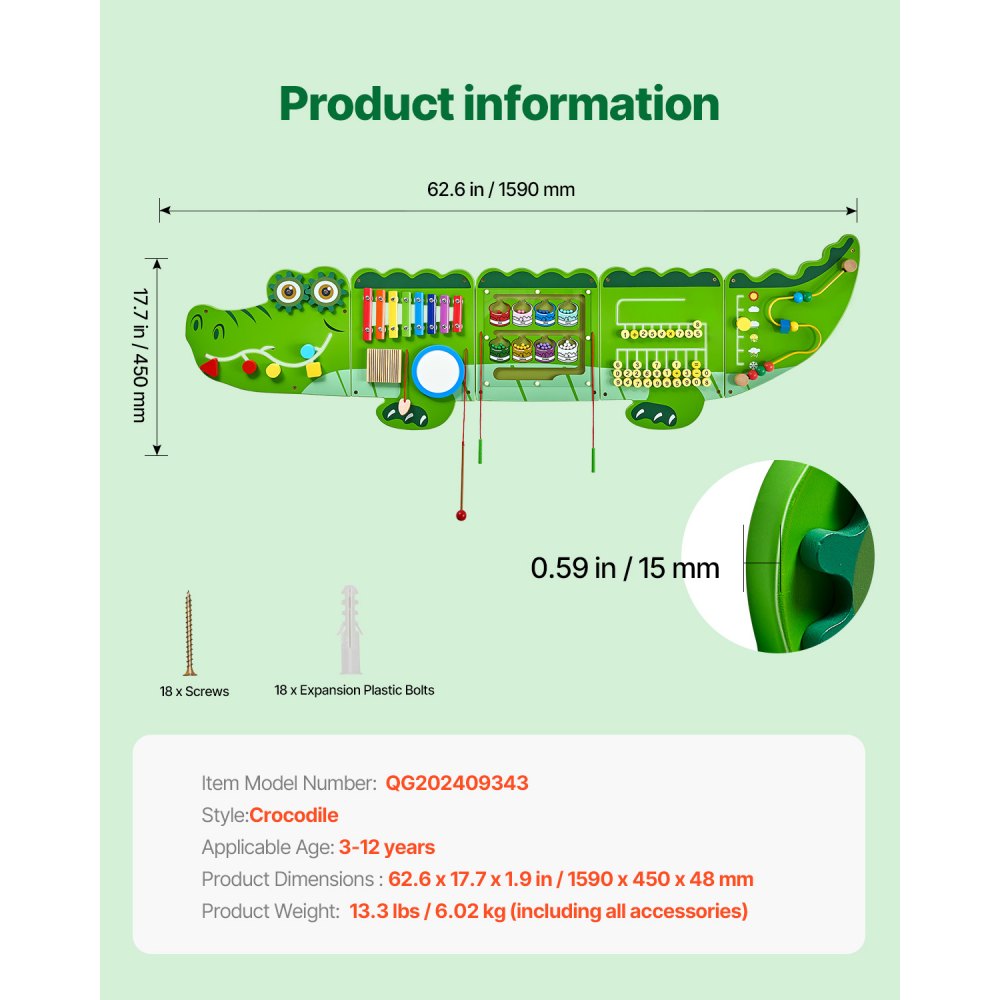 VEVOR Crocodile Activity Wall Busy Board, 9 Activities, Montessori Sensory Wall Panels Toy for Kids Ages 3-12, Interactive Learning Activity Center, Great for Toddler, Playroom, Nursery, Classroom