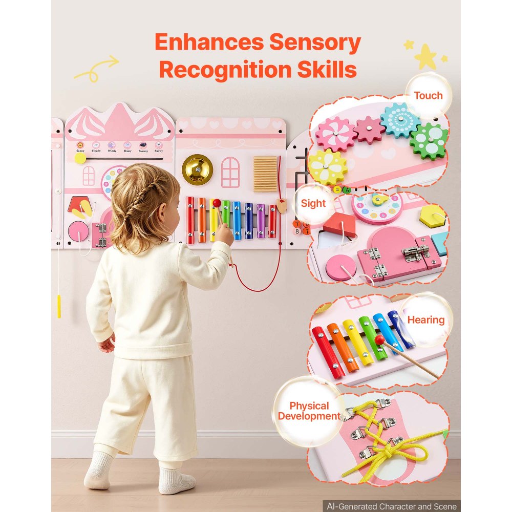 VEVOR Wall Busy Board, 14-in-1 Castle Montessori Sensory Activity Panels, Learning Activity Center for Daycare, Classroom, Playroom, and Home, Sturdy Wooden Educational Toys, with Mounting Hardware