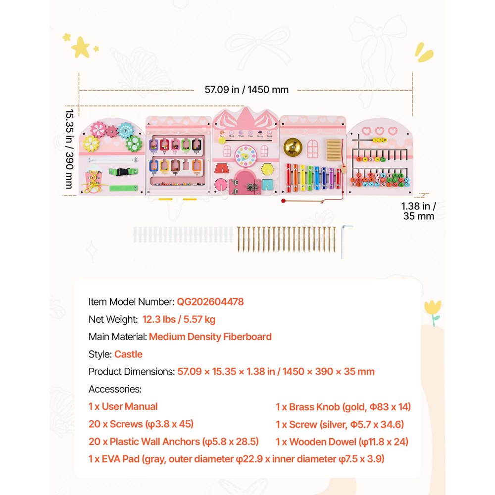 VEVOR Wall Busy Board, 14-in-1 Castle Montessori Sensory Activity Panels, Learning Activity Center for Daycare, Classroom, Playroom, and Home, Sturdy Wooden Educational Toys, with Mounting Hardware