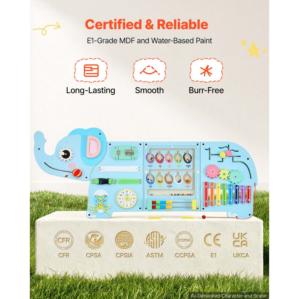 VEVOR Wall Busy Board, 14-in-1 Elephant Montessori Sensory Activity Panels, Learning Activity Center for Daycare, Classroom, Playroom, and Home, Sturdy Wooden Educational Toys, with Mounting Hardware
