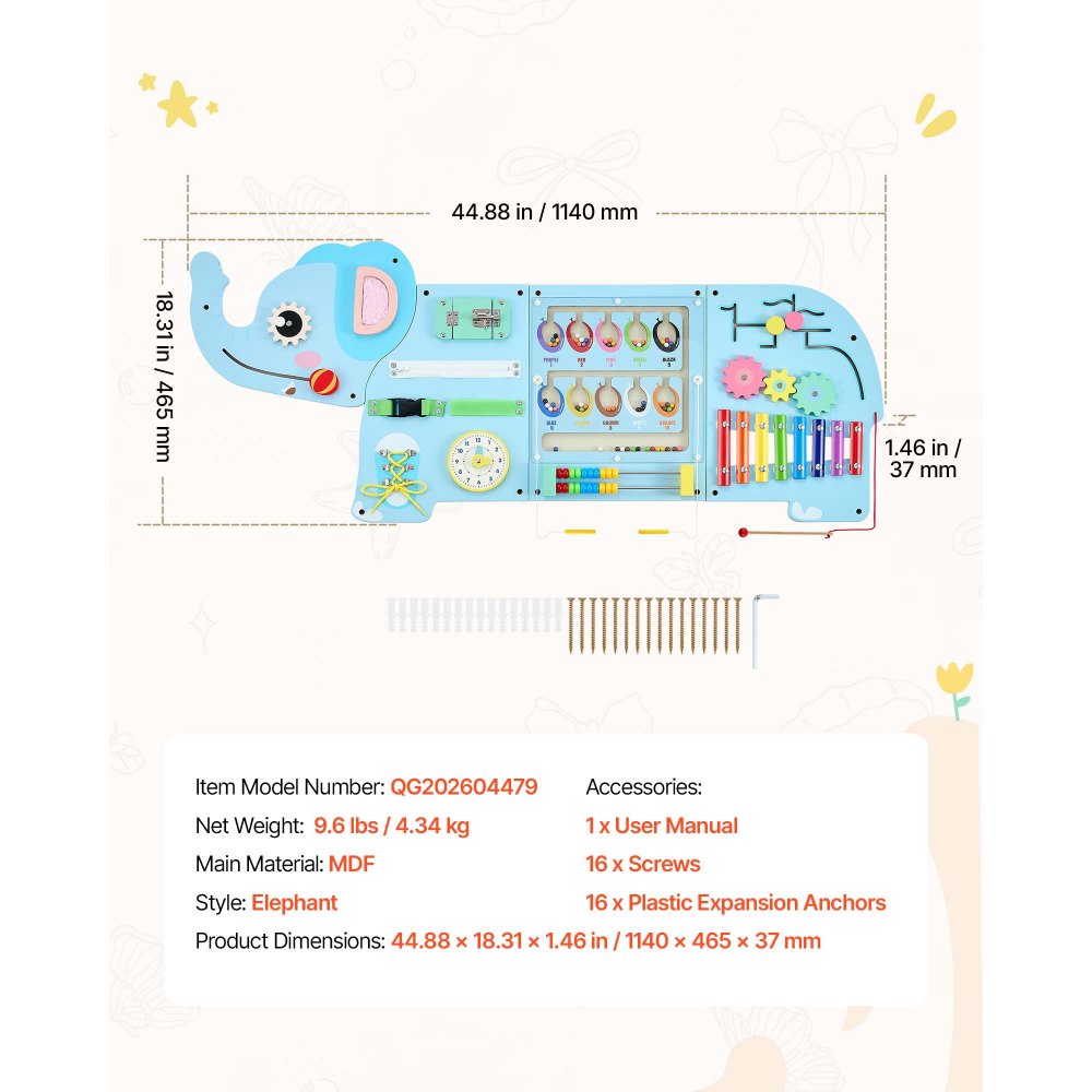 VEVOR Wall Busy Board, 14-in-1 Elephant Montessori Sensory Activity Panels, Learning Activity Center for Daycare, Classroom, Playroom, and Home, Sturdy Wooden Educational Toys, with Mounting Hardware