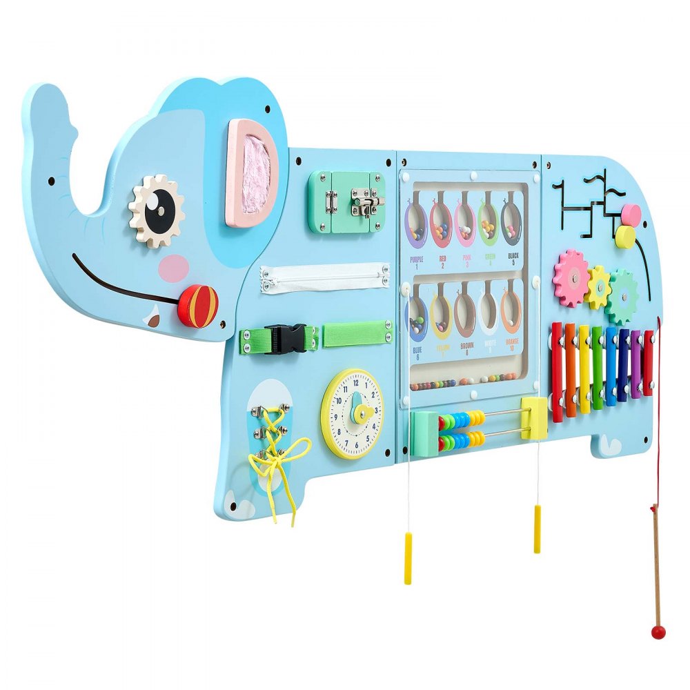 VEVOR Wall Busy Board, 14-in-1 Elephant Montessori Sensory Activity Panels, Learning Activity Center for Daycare, Classroom, Playroom, and Home, Sturdy Wooden Educational Toys, with Mounting Hardware