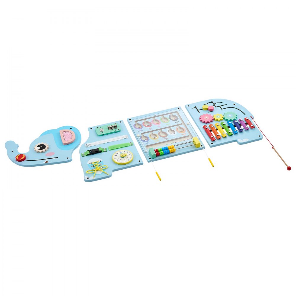 VEVOR Wall Busy Board, 14-in-1 Elephant Montessori Sensory Activity Panels, Learning Activity Center for Daycare, Classroom, Playroom, and Home, Sturdy Wooden Educational Toys, with Mounting Hardware