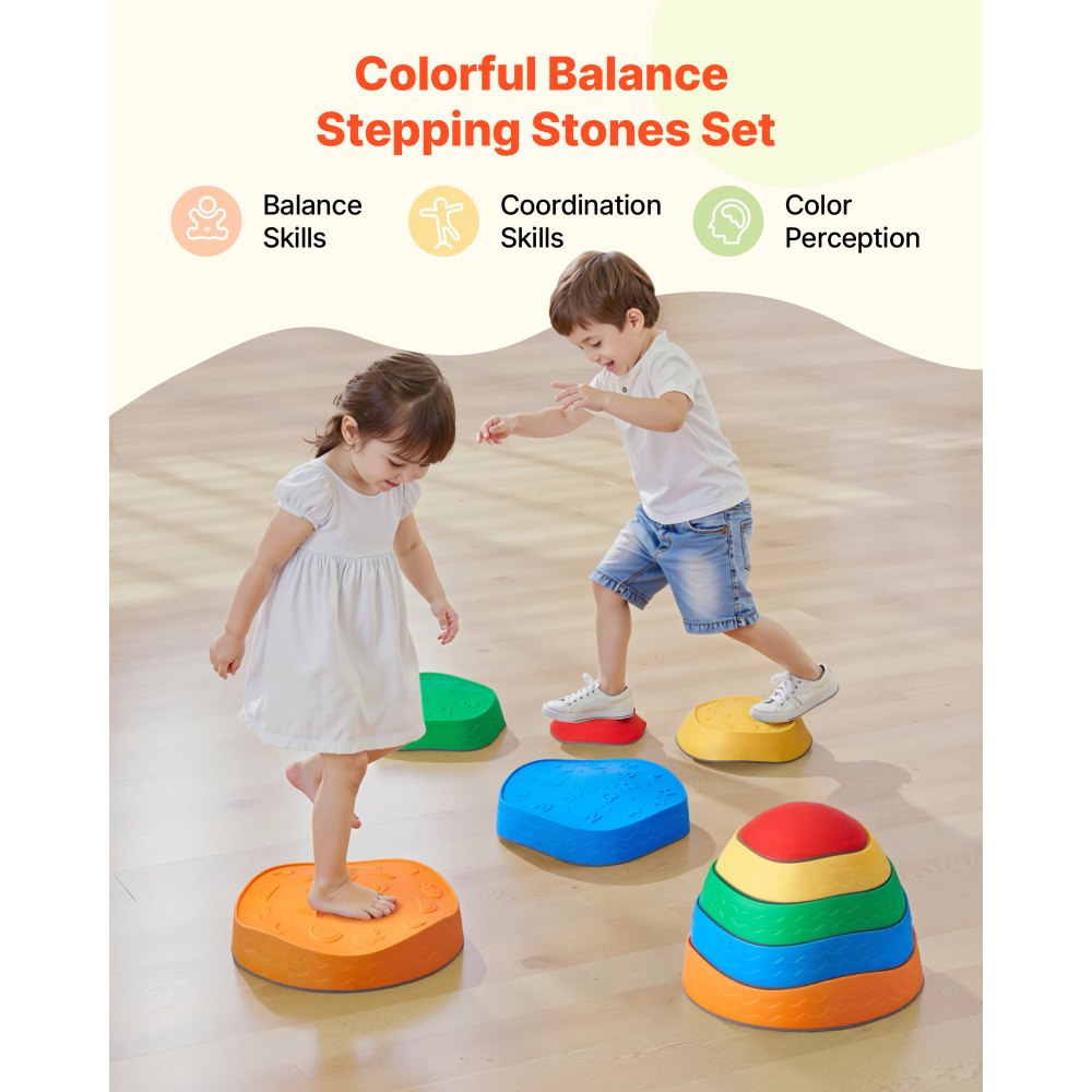 VEVOR Balance Stepping Stones for Kids, 5 PCS, Up to 220 lbs, Non-Slip Toddlers Sensory Stepping Stones, Obstacle Course Coordination Game Toys Indoor or Outdoor Play for Children Aged 3 4 5 6 7 8+