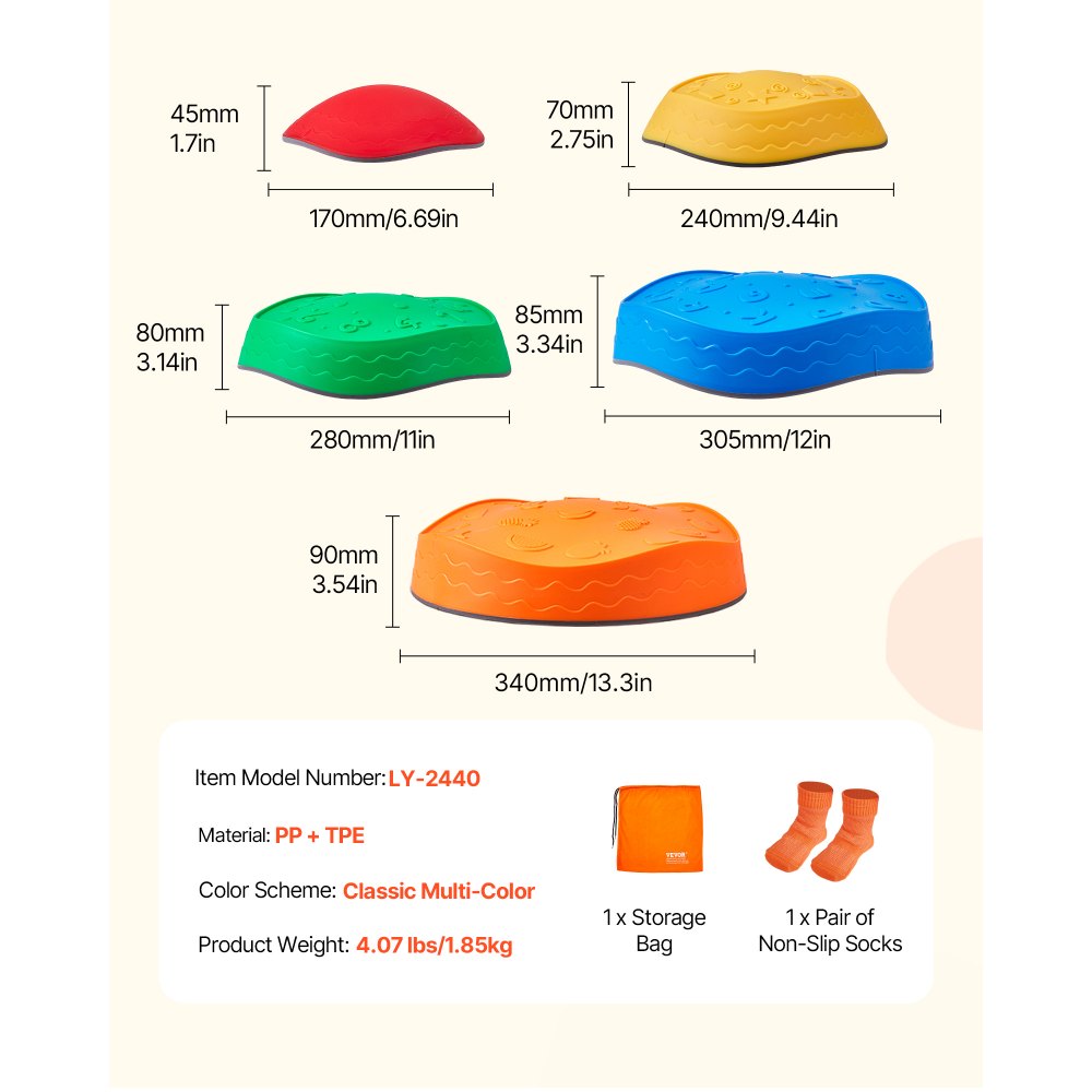 VEVOR Balance Stepping Stones for Kids, 5 PCS, Up to 220 lbs, Non-Slip Toddlers Sensory Stepping Stones, Obstacle Course Coordination Game Toys Indoor or Outdoor Play for Children Aged 3 4 5 6 7 8+