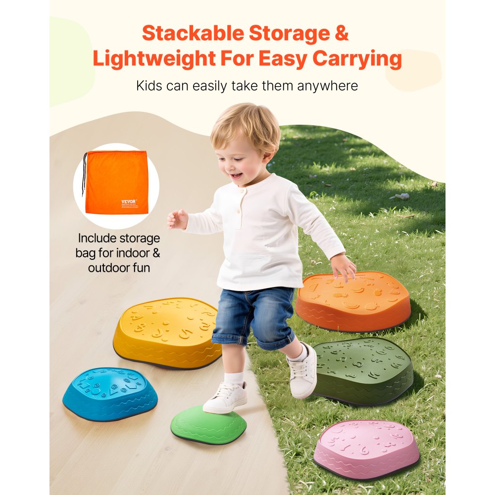 VEVOR Balance Stepping Stones for Kids, 6 PCS, Up to 220 lbs, Non-Slip Toddlers Sensory Stepping Stones, Obstacle Course Coordination Game Toys Indoor or Outdoor Play for Children Aged 3 4 5 6 7 8+