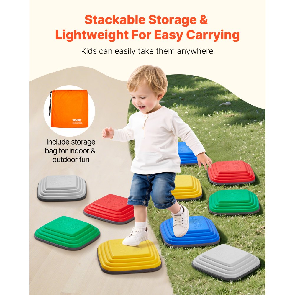 VEVOR Balance Stepping Stones for Kids, 10 PCS, Up to 220 lbs, Non-Slip Toddlers Sensory Stepping Stones, Obstacle Course Coordination Game Toys Indoor or Outdoor Play for Children Aged 3 4 5 6 7 8+