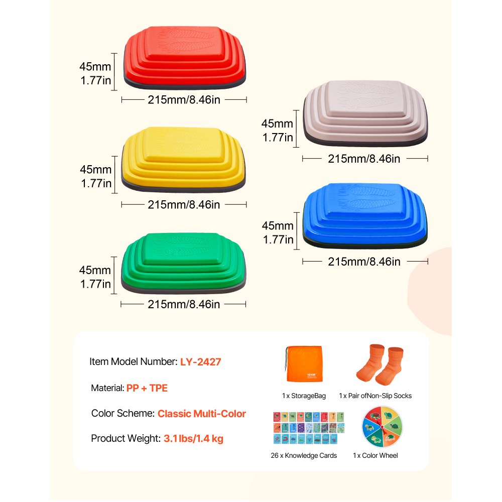 VEVOR Balance Stepping Stones for Kids, 10 PCS, Up to 220 lbs, Non-Slip Toddlers Sensory Stepping Stones, Obstacle Course Coordination Game Toys Indoor or Outdoor Play for Children Aged 3 4 5 6 7 8+