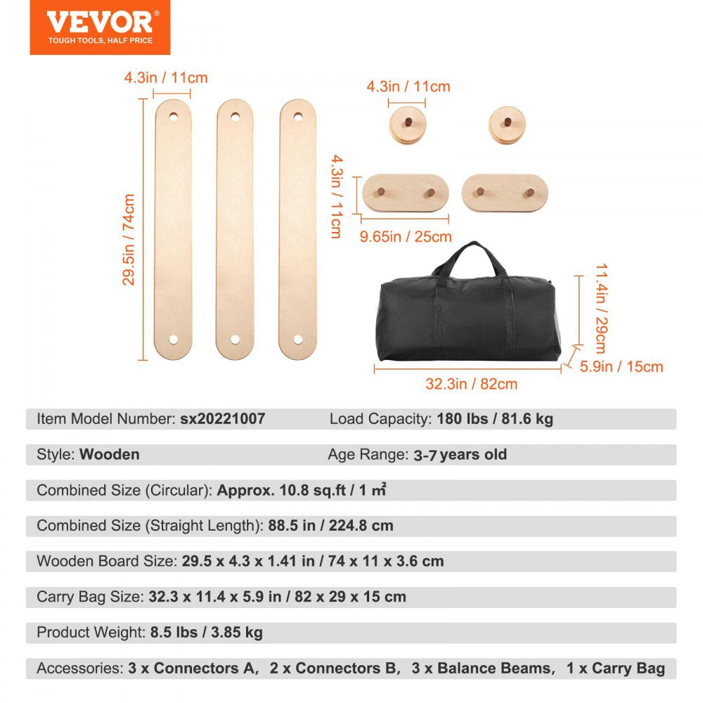 VEVOR Balance Beam Stepping Stones, 3 PCS Wooden Toddler Balance Boards, Montessori Toy for Kids 2-6, Build Coordination and Gross Motor Skills, Gymnastics Course Indoor & Outdoor for Girls Boys Gift