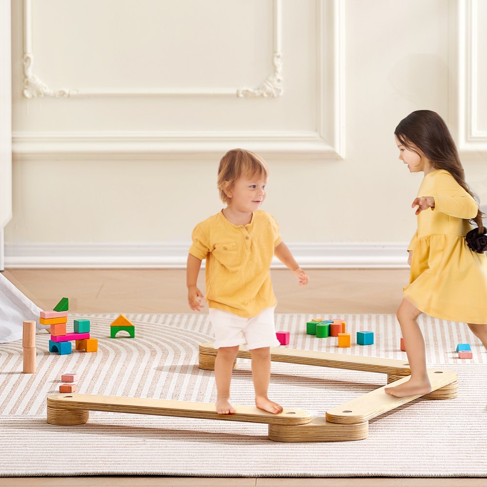 VEVOR Balance Beam Stepping Stones, 3 PCS Wooden Toddler Balance Boards, Montessori Toy for Kids 2-6, Build Coordination and Gross Motor Skills, Gymnastics Course Indoor & Outdoor for Girls Boys Gift
