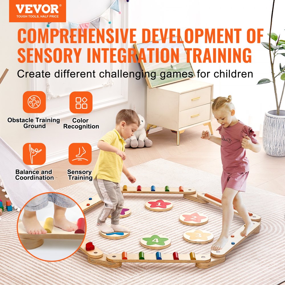 VEVOR Balance Beam Stepping Stones, 6 PCS Wooden Toddler Balance Boards, Montessori Toy for Kids 2-6, Build Coordination and Gross Motor Skills Gymnastics Obstacle Course Indoor Outdoor for Girls Boys