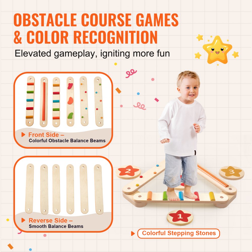 VEVOR Balance Beam Stepping Stones, 6 PCS Wooden Toddler Balance Boards, Montessori Toy for Kids 2-6, Build Coordination and Gross Motor Skills Gymnastics Obstacle Course Indoor Outdoor for Girls Boys