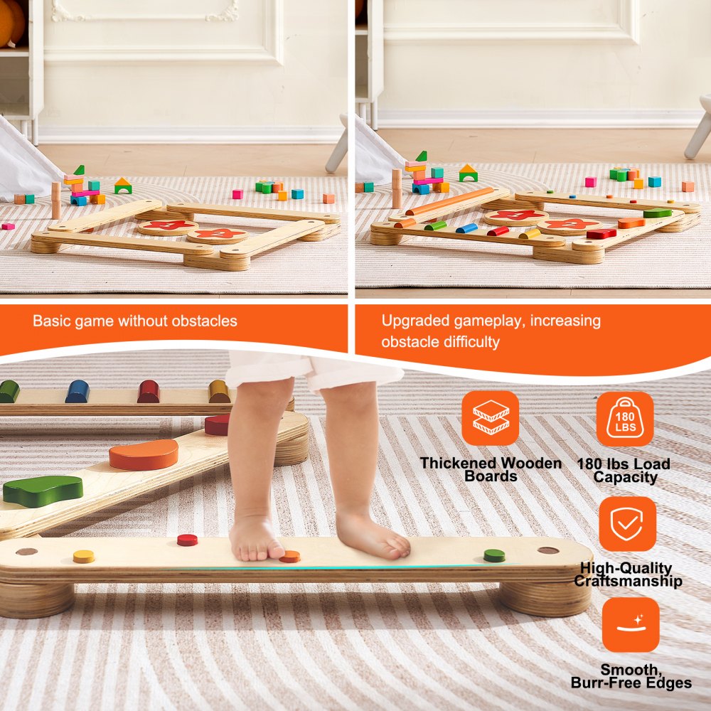 VEVOR Balance Beam Stepping Stones, 6 PCS Wooden Toddler Balance Boards, Montessori Toy for Kids 2-6, Build Coordination and Gross Motor Skills Gymnastics Obstacle Course Indoor Outdoor for Girls Boys