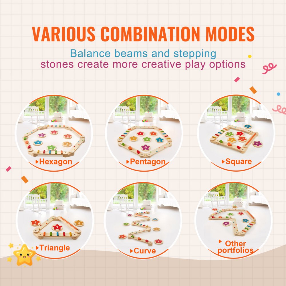 VEVOR Balance Beam Stepping Stones, 6 PCS Wooden Toddler Balance Boards, Montessori Toy for Kids 2-6, Build Coordination and Gross Motor Skills Gymnastics Obstacle Course Indoor Outdoor for Girls Boys