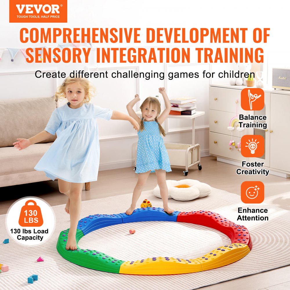 VEVOR Balance Beam Stepping Stones, 8 PCS Toddler Balance Boards Non-Slip Textured Surface & Rubber Pads, Montessori Toy for Kids 2-6, Build Coordination and Gross Motor Skills, Indoor or Outdoor Play