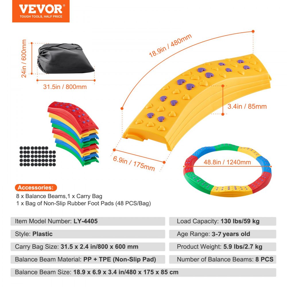 VEVOR Balance Beam Stepping Stones, 8 PCS Toddler Balance Boards Non-Slip Textured Surface & Rubber Pads, Montessori Toy for Kids 2-6, Build Coordination and Gross Motor Skills, Indoor or Outdoor Play