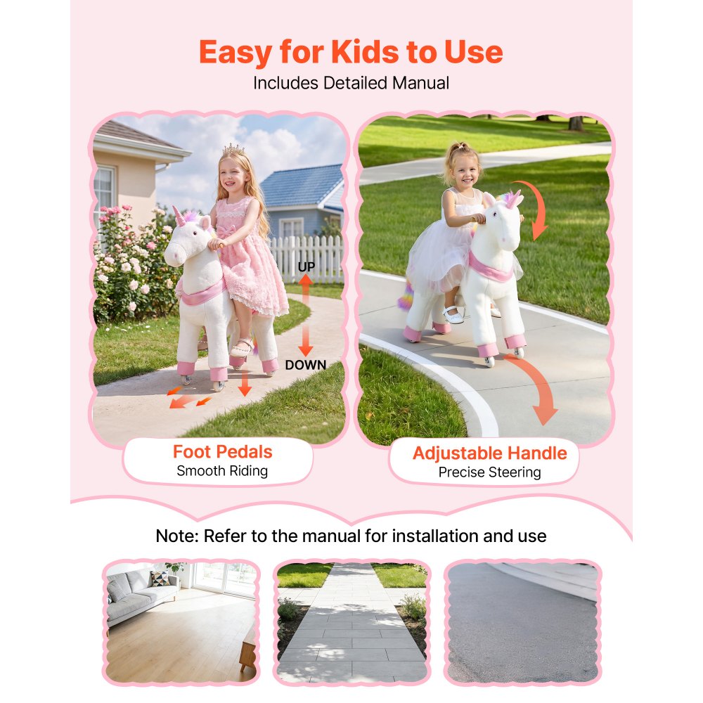 VEVOR Ride On Horse, Riding Unicorn Toys for Kids, No Battery Required, Smooth Wheels with Anti-Roll Stop Ring, Upgraded Raised Seat, Handles, Sturdy Pedals, 176 lbs Max Load Capacity for Ages 6+