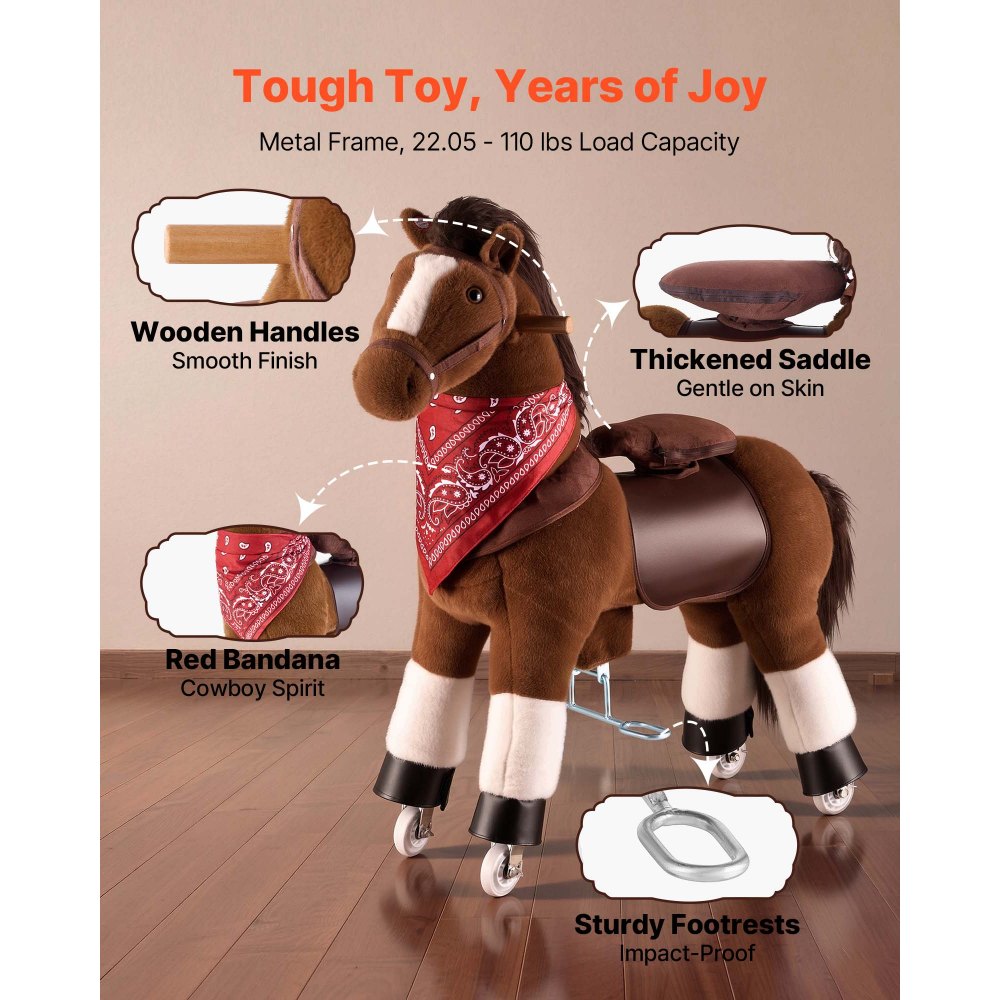 VEVOR Ride On Horse, Riding Pony Toys for Kids, No Battery Required, Smooth Wheels with Anti-Roll Stop Ring, Upgraded Raised Seat, Handles, Sturdy Pedals, 176 lbs Max Load Capacity for Ages 6+