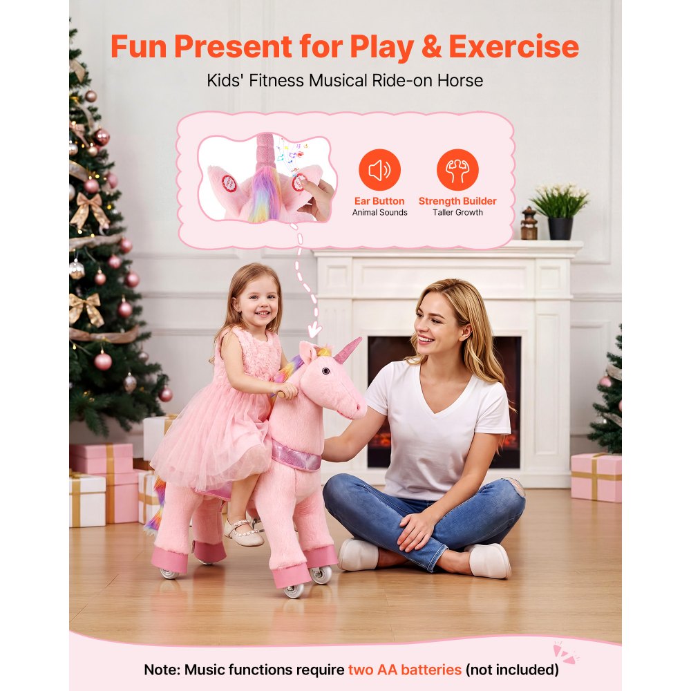 VEVOR Ride On Horse, Riding Pink Unicorn Toys for Kids, No Battery Required, Smooth Wheels with Anti-Roll Stop Ring, Upgraded Raised Seat, Handles, Pedals, 110 lbs Max Load Capacity for Ages 3-8