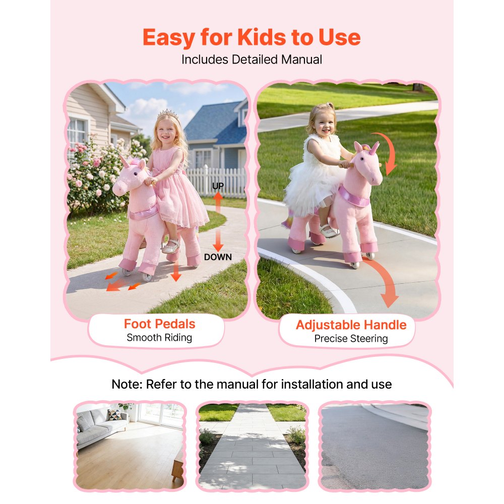VEVOR Ride On Horse, Riding Pink Unicorn Toys for Kids, No Battery Required, Smooth Wheels with Anti-Roll Stop Ring, Upgraded Raised Seat, Handles, Pedals, 110 lbs Max Load Capacity for Ages 3-8