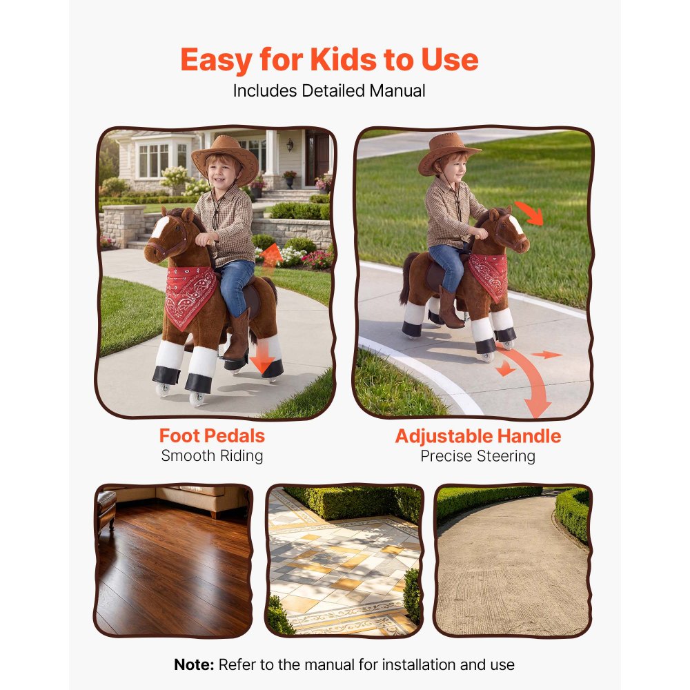 VEVOR Ride On Horse, Riding Pony Toys for Kids, No Battery Required, Smooth Wheels with Anti-Roll Stop Ring, Upgraded Raised Seat, Handles, Pedals, 110 lbs Max Load Capacity for Ages 3-8