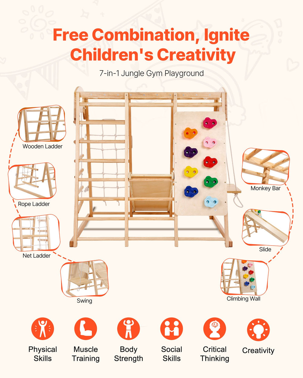 VEVOR Indoor Jungle Gym 7-in-1 - feature overview showing 7 play elements