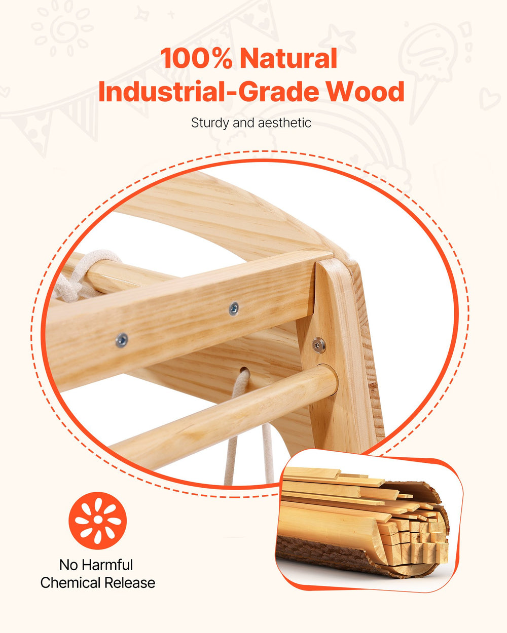 VEVOR Indoor Jungle Gym 7-in-1 - natural solid wood detail