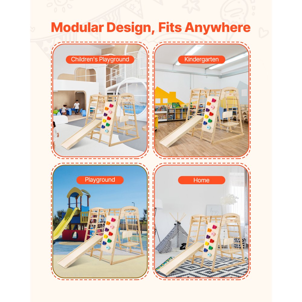 VEVOR Indoor Jungle Gym, 7-in-1 Toddler Indoor Playground, 47.2 x 58 x 56 inch, with Wood and Rope Ladder, Net Ladder, Swing, Monkey Bar, Slide, Climbing Wall, Wooden Indoor Climbing Toys for Kids
