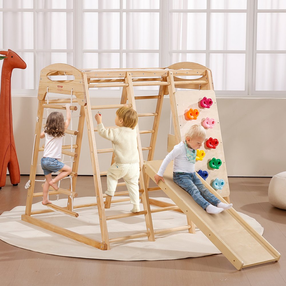 VEVOR Indoor Jungle Gym, 7-in-1 Toddler Indoor Playground, 47.2 x 58 x 56 inch, with Wood and Rope Ladder, Net Ladder, Swing, Monkey Bar, Slide, Climbing Wall, Wooden Indoor Climbing Toys for Kids