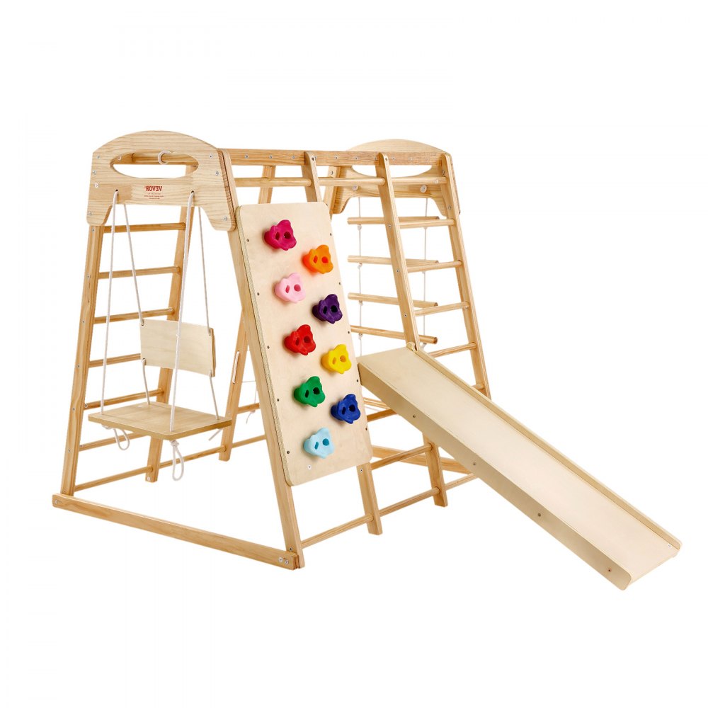 VEVOR Indoor Jungle Gym, 7-in-1 Toddler Indoor Playground, 47.2 x 58 x 56 inch, with Wood and Rope Ladder, Net Ladder, Swing, Monkey Bar, Slide, Climbing Wall, Wooden Indoor Climbing Toys for Kids