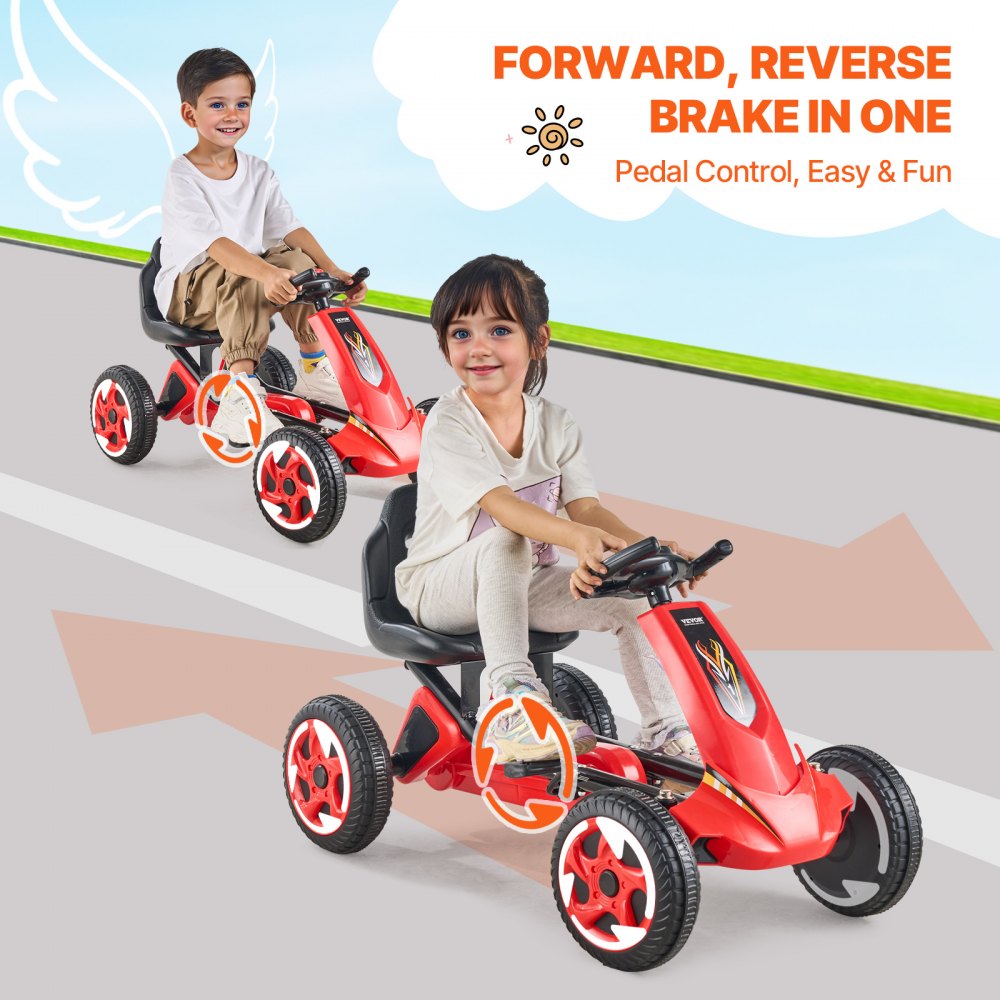 VEVOR Kids Pedal Go Kart, 4 Wheel Off-Road Pedal Go Cart Ride On Toy for Kids, Steering Wheel, Adjustable Seat, Non-slip Big Wheels, Outdoor Racer Ride On Pedal Car for Boys & Girls Ages 3-8, Red