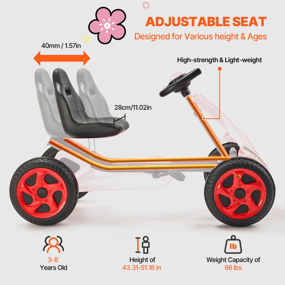 VEVOR Kids Pedal Go Kart, 4 Wheel Off-Road Pedal Go Cart Ride On Toy for Kids, Steering Wheel, Adjustable Seat, Non-slip Big Wheels, Outdoor Racer Ride On Pedal Car for Boys & Girls Ages 3-8, Red