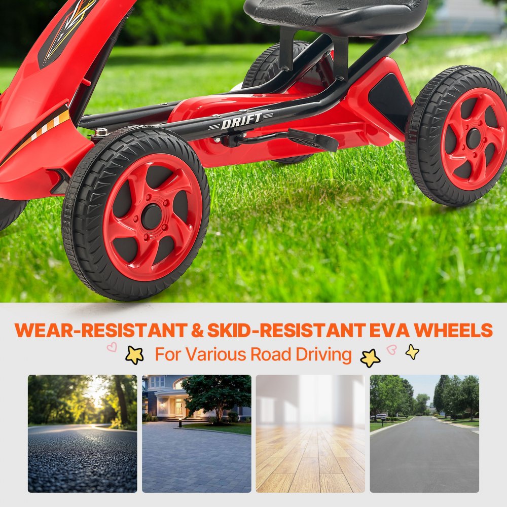 VEVOR Kids Pedal Go Kart, 4 Wheel Off-Road Pedal Go Cart Ride On Toy for Kids, Steering Wheel, Adjustable Seat, Non-slip Big Wheels, Outdoor Racer Ride On Pedal Car for Boys & Girls Ages 3-8, Red