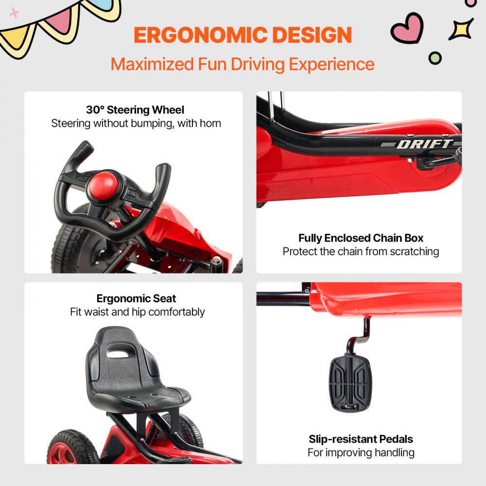 VEVOR Kids Pedal Go Kart, 4 Wheel Off-Road Pedal Go Cart Ride On Toy for Kids, Steering Wheel, Adjustable Seat, Non-slip Big Wheels, Outdoor Racer Ride On Pedal Car for Boys & Girls Ages 3-8, Red
