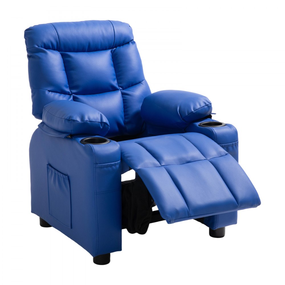VEVOR Kids Reclining Chair, Toddler Recliner with 2 Cup Holders and 4 Pockets, 107° to 126° Adjustable Back, Easy-to-Clean PU Leather Recliner Couch with Footrest, for Boys, Girls & Children (Blue)