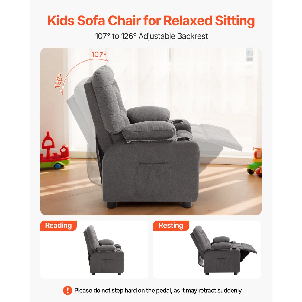 VEVOR Kids Recliner Chair, Toddler Lounger with Cup Holders & Pockets, 107° to 126° Adjustable Back, Breathable Polyester Upholstery Reclining Sofa with Foot-rest, for Boys and Girls, Children (Gray)