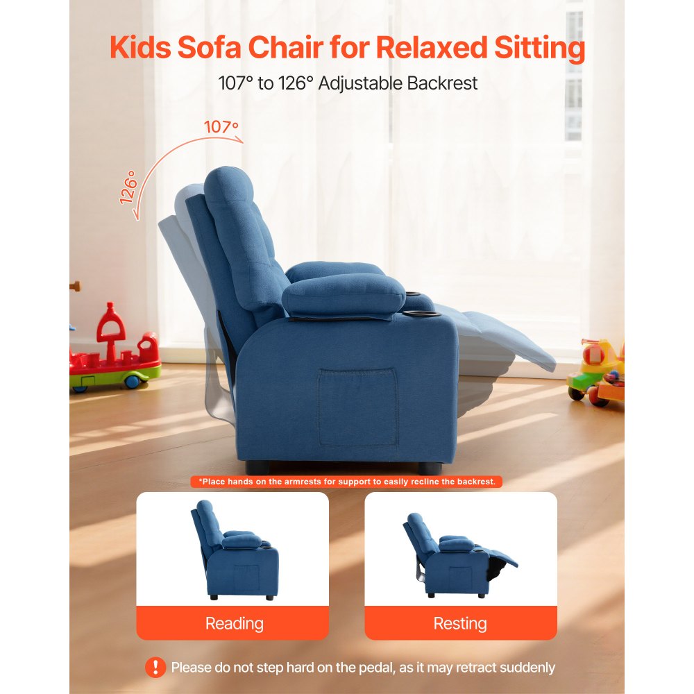 VEVOR Kids Reclining Chair, Toddler Recliner with Cup Holders and Pockets, 107° to 126° Adjustable Backrest, Breathable Polyester Fabric Recliner Couch with Footrest, for Boys & Girls, Children(Blue)