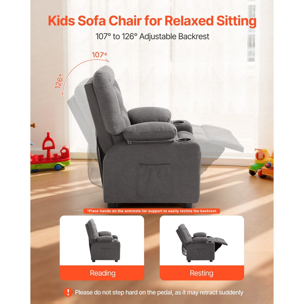 VEVOR Kids Reclining Chair, Toddler Recliner with Cup Holders and Pockets, 107° to 126° Adjustable Backrest, Breathable Polyester Fabric Recliner Couch with Footrest, for Boys & Girls, Children(Grey)