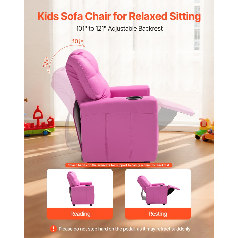 VEVOR Kids Reclining Chair, Toddler Recliner with Cup Holder, 101° to 121° Adjustable Backrest, Easy-to-Clean PU Leather Recliner Couch with Footrest, 90 lbs Load, for Boys & Girls, Children (Pink)