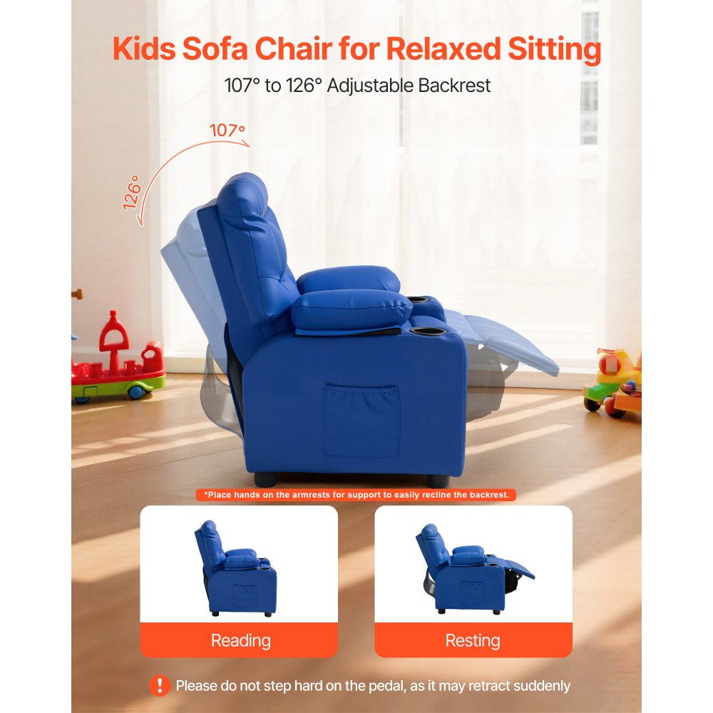 VEVOR Kids Reclining Chair, Toddler Recliner with Cup Holders and Pockets, 107° to 126° Adjustable Backrest, Easy-to-Clean PU Leather Recliner Couch with Footrest, for Boys & Girls, Children (Blue)