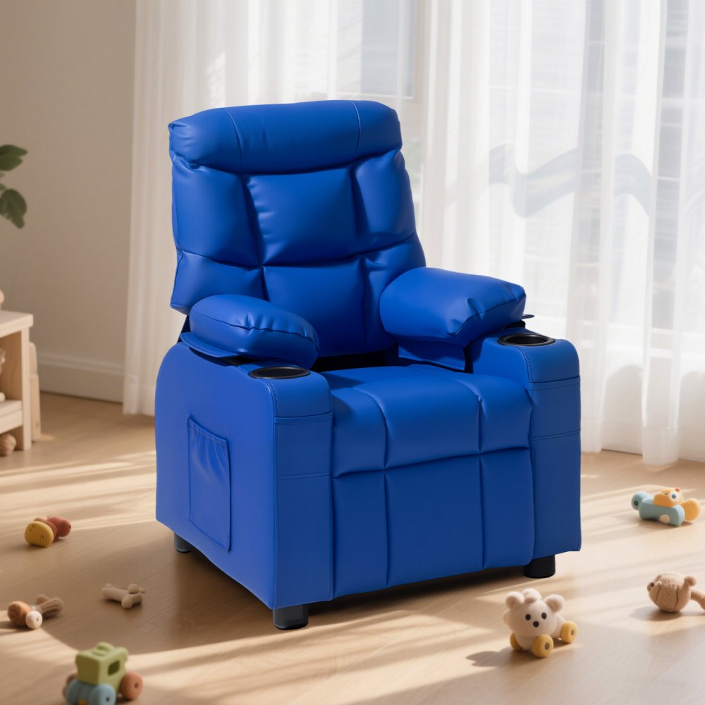 VEVOR Kids Reclining Chair, Toddler Recliner with Cup Holders and Pockets, 107° to 126° Adjustable Backrest, Easy-to-Clean PU Leather Recliner Couch with Footrest, for Boys & Girls, Children (Blue)